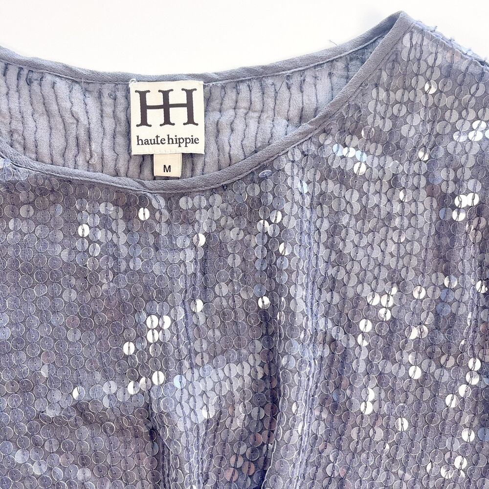 Haute Hippie 100% Silk Sequin Shift Mini Dress Size Medium Purple/Grey Boho Glam - Picture 7 of 10